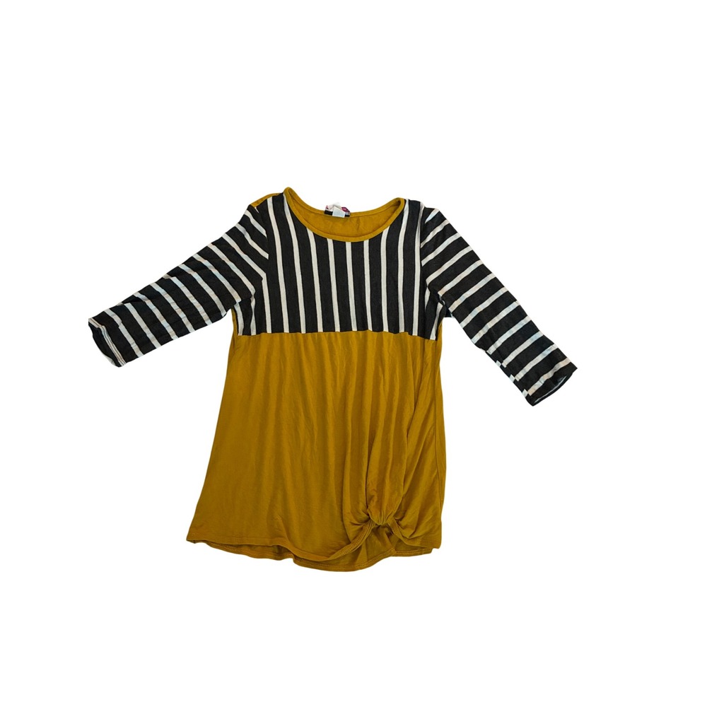 Discreet Mustard Yellow Striped 3/4 Sleeve Knot Front Tunic Top XL 10442M
